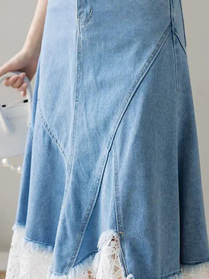 Jupe en jean évidée en dentelle patchwork vintage pour femmes, mode coréenne, taille haute, midi, denim, fermeture éclair, décontracté, élégant