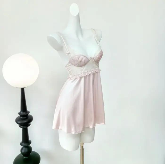 INJNIGHTOWNIGHTS-Chemise de nuit sexy pour femmes, lingerie française avec coussretours de poitrine, pyjama à bretelles, vêtements de détente pour dames, nouvelle collection