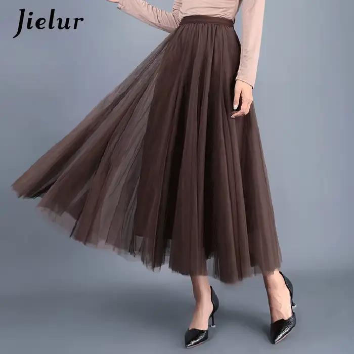 Jielur jupes femmes automne 3 couches princesse Tulle maille Jupe plissée Saia femme