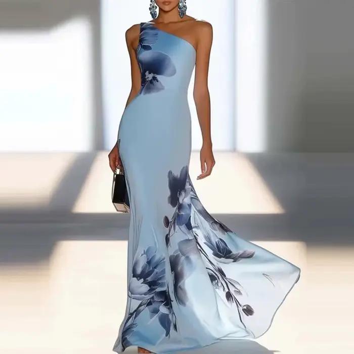 Robe longue chic pour femmes, à une épaule, imprimé floral bleu rétro, coupe ajustée, élégante, pour banquet, occasion formelle