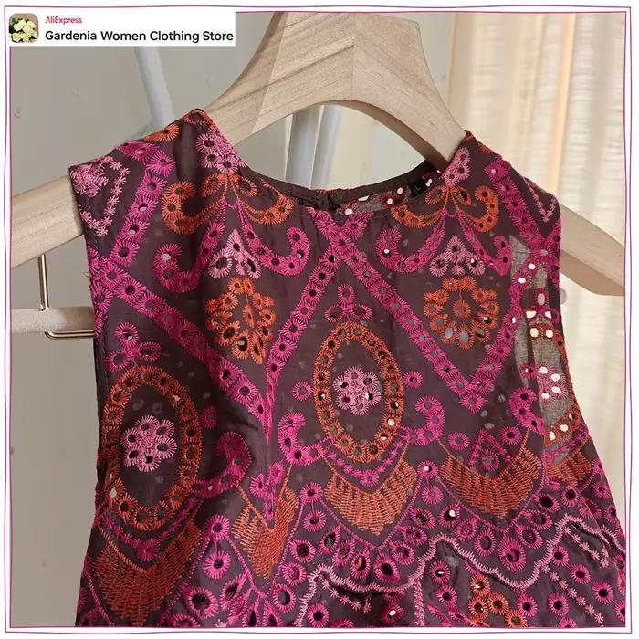Haut brodé à col rond sans manches et jupe midi évasée assortie style ethnique estival pour femmes juniors occasions spéciales