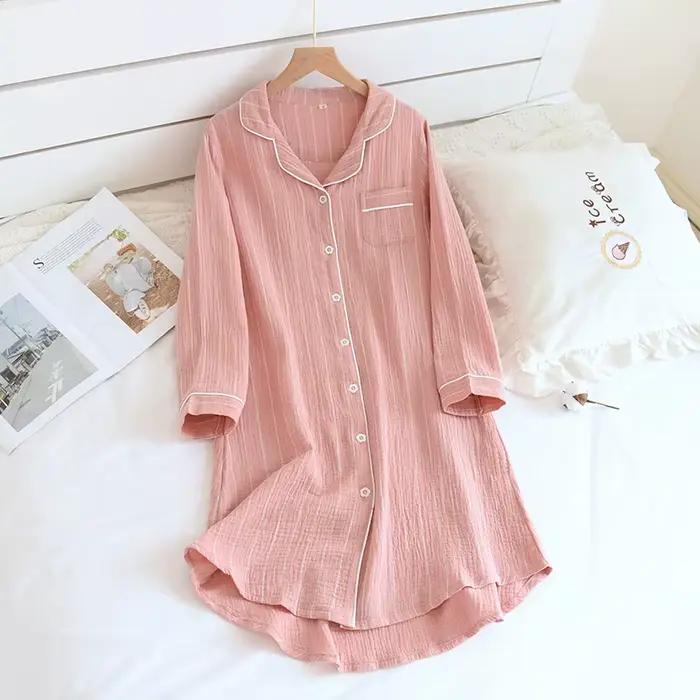 Chemises de nuit mi-longues en coton pour femmes, chemises de nuit mi-longues à rayures pour la maison, longueur aux genoux, nouvelle collection printemps et été 2026
