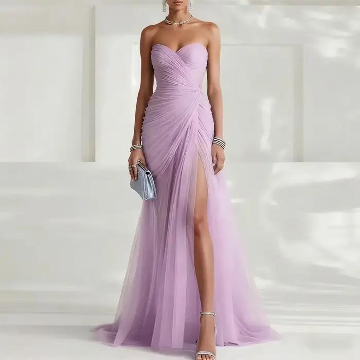 Robes de soirée élégantes et sexy pour femmes, couleur lavande, décolleté cœur, sans bretelles, fente haute, robes de bal, robes de fête, robes de cérémonie, personnalisables