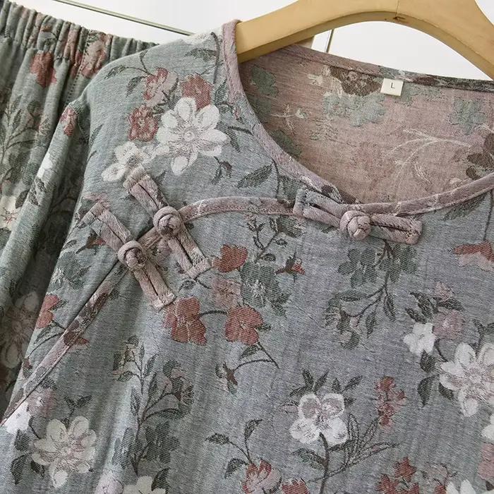 FjHome-Pyjama à manches longues pour hommes et femmes d'âge moyen, pyjama double couche, gaze teint en fil, jacquard fin double face