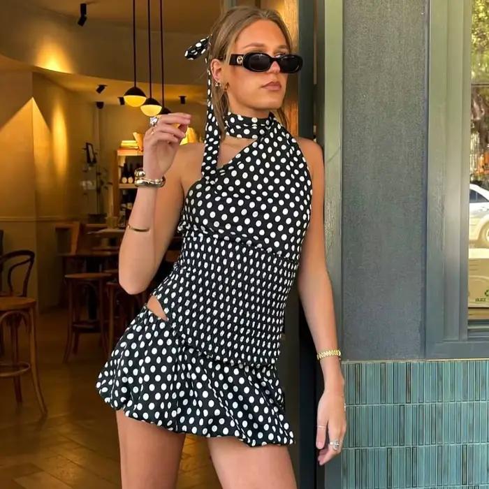 Talenza nœud papillon jupe courte deux pièces femmes Sexy bretelles à pois cravate haut à volants