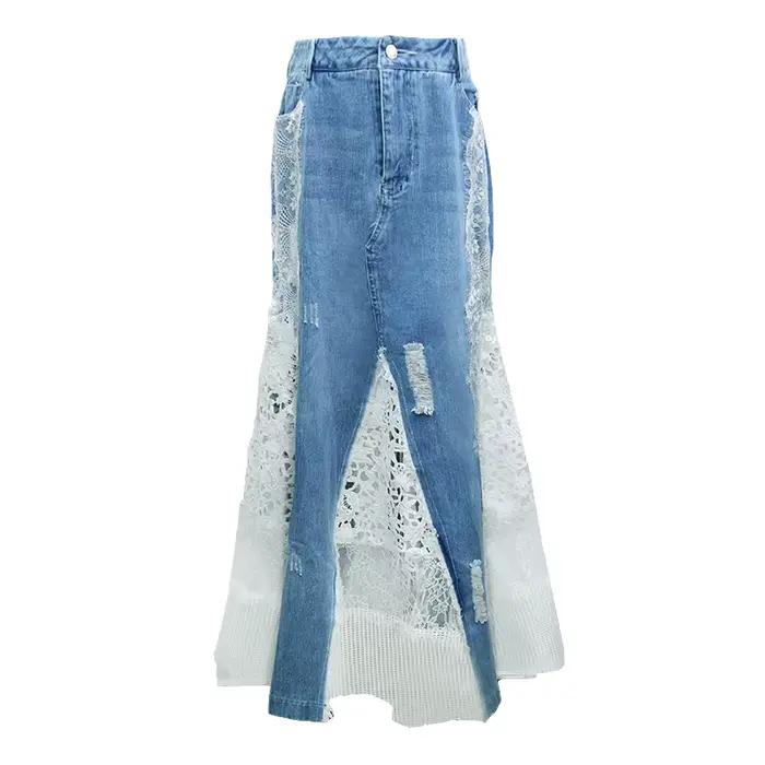TIYIHAILEY Jupe longue maxi en jean et dentelle style sirène taille haute pour femme S-XL