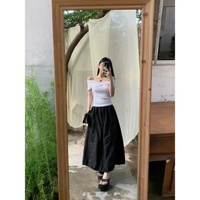 Jupe longue trapèze taille haute style Hepburn pour femme