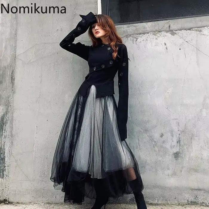 Harajuku Punk jupes longues pour femmes Patchwork gaze Chic Jupe 2025 Faldas Mujer De Moda japonais dentelle a-ligne Streetwear Jupe