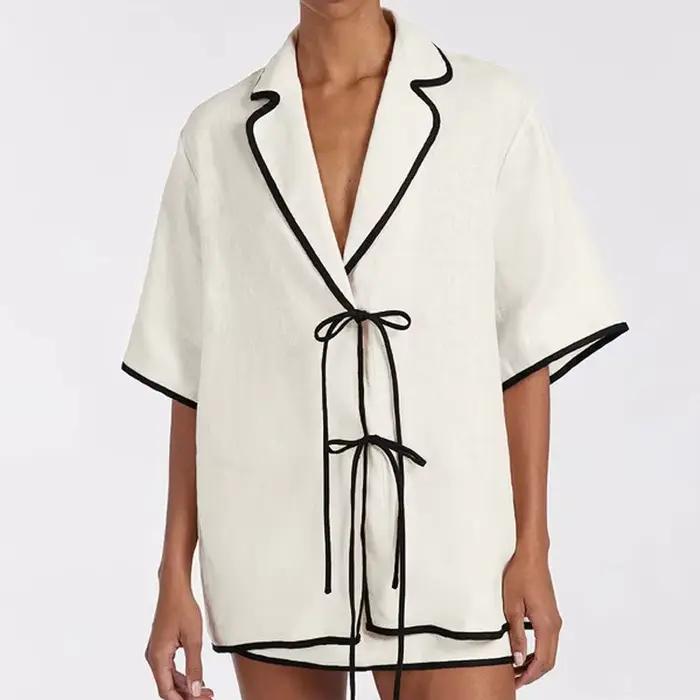 Été ample Beige coton 2 pièces ensembles femmes tenue 2025 décontracté demi manches chemise avec taille haute Mini jupe