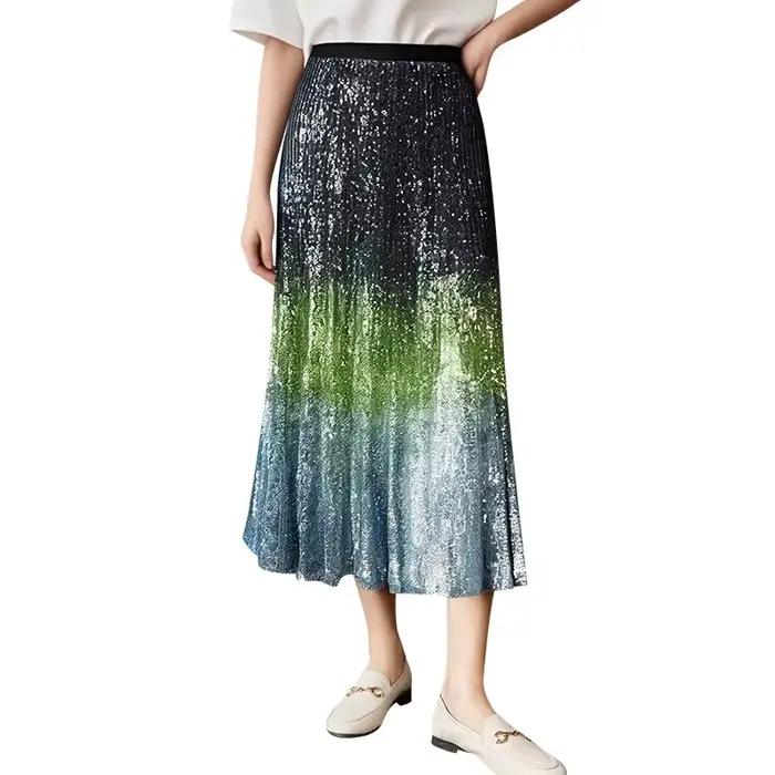 Jupe longue de luxe pailletée pour femmes, polyester, mi-mollet, silhouette une ligne, printemps été, élégante et décontractée, idéale pour soirées et journées de travail