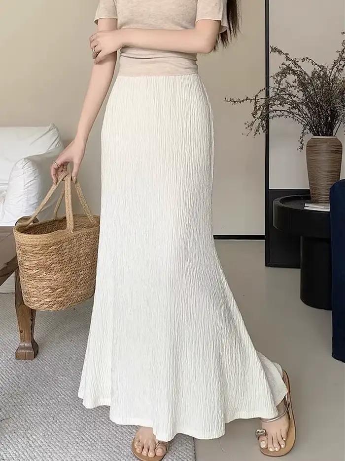 Jupe Femme Blanche Taille Élastique Lin Midi Élégante Formelle Confortable pour le Quotidien Coupe Évasée Nouvelle Collection Printemps 2026 Mode Féminine