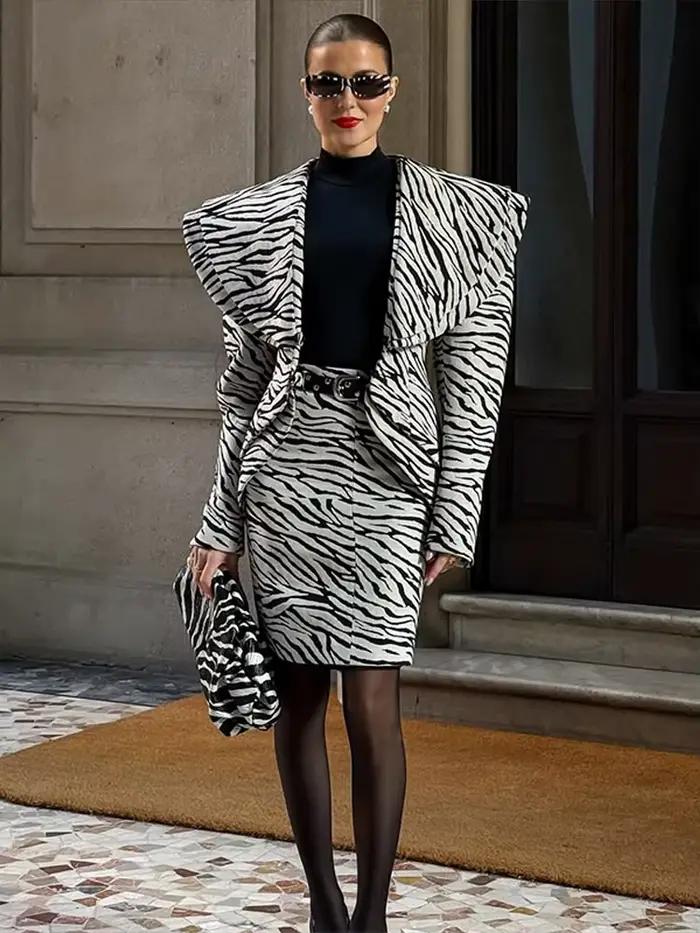 Mode zèbre imprimé profond-V veste jupe ensemble femmes revers complet Seeve cintré taille manteau mince