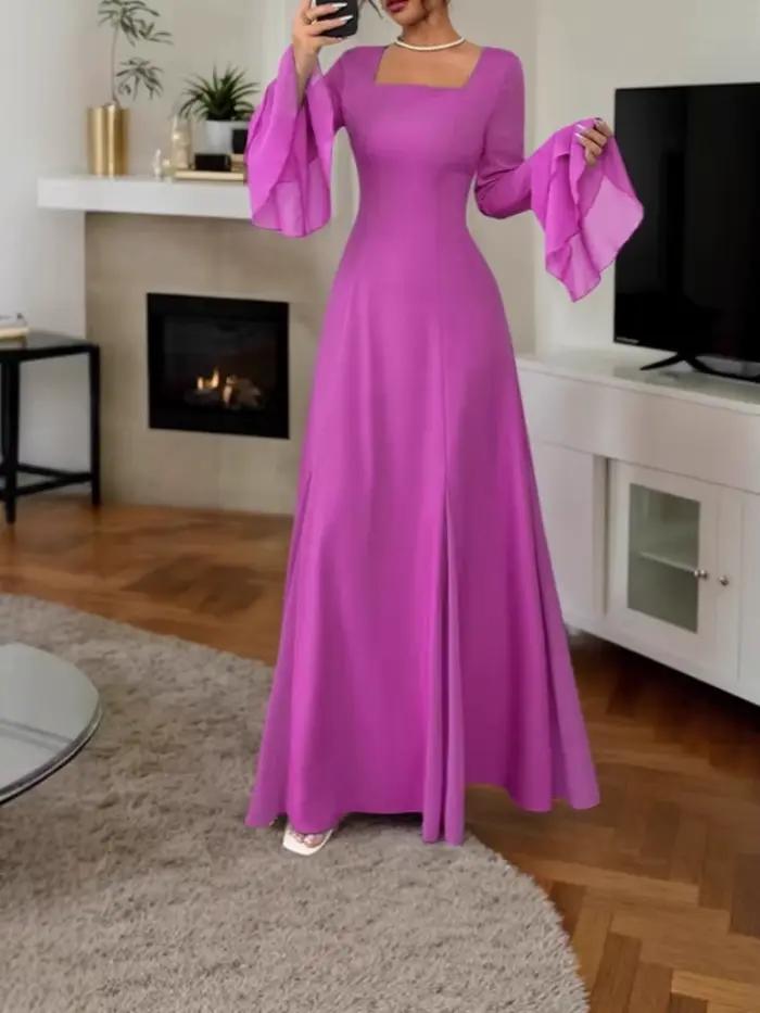 Robes de soirée bleues pour femmes, col carré, haute qualité, longueur ras du sol, traîne, coupe trapèze, manches longues, pour banquets et événements de prestige