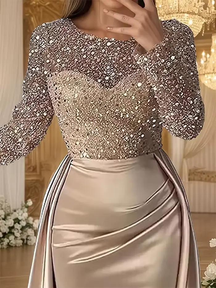 Robe de soirée glamour à paillettes pour femmes, col rond, manches longues, froncée, moulante, silhouette élégante, soirée de gala, cérémonie de remise de prix, mariage