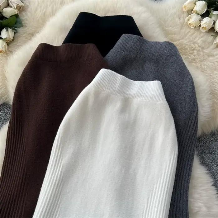 Jupe longue plissée en maille côtelée pour femme, taille haute élastique, coupe trapèze fluide, couleur unie, style coréen, décontractée, pour l'hiver