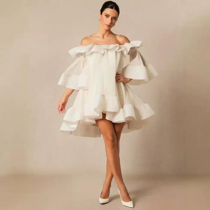Robe Courte d'Été Élégante pour Femme, Style Féerique, Asymétrique à Une Épaule, avec Bordure en Dentelle et Manches Évasées