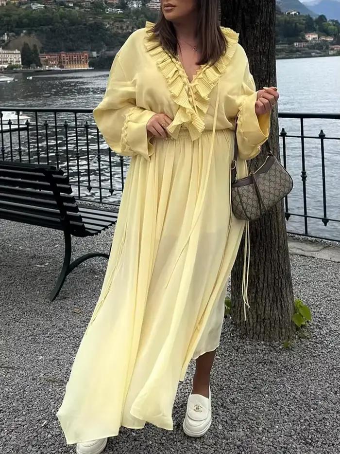 HH mode femmes jaune en mousseline de soie chemise jupe ensemble été à plusieurs niveaux décoration à lacets chemises +