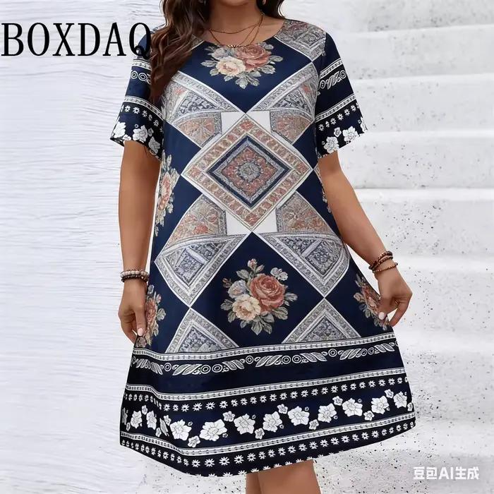 Robes à motifs géométriques et floraux de style ethnique pour femmes, collection été 2026, mode grande taille, robe imprimée à manches courtes, décontractée, rétro, ample