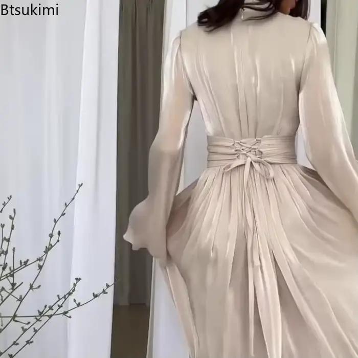 Robe longue plissée taille haute tendance pour femme, robe de soirée unie à lacets, style français, élégante, col rond, pour banquets et fêtes