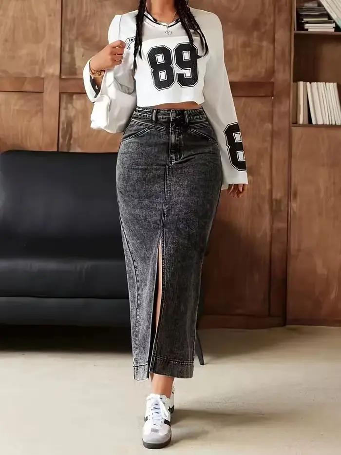 Jupe en jean gris taille haute fendue sur le devant pour femme