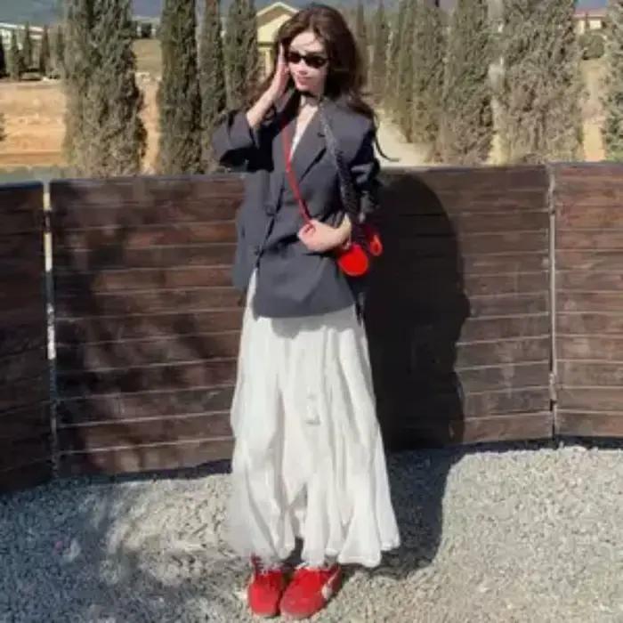 Jupe mi-longue féerique fluide à volants irréguliers en dentelle pour femme