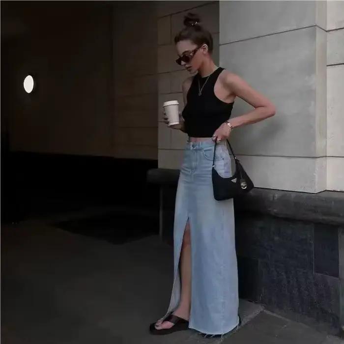 Jupe longue en jean à taille haute pour femmes