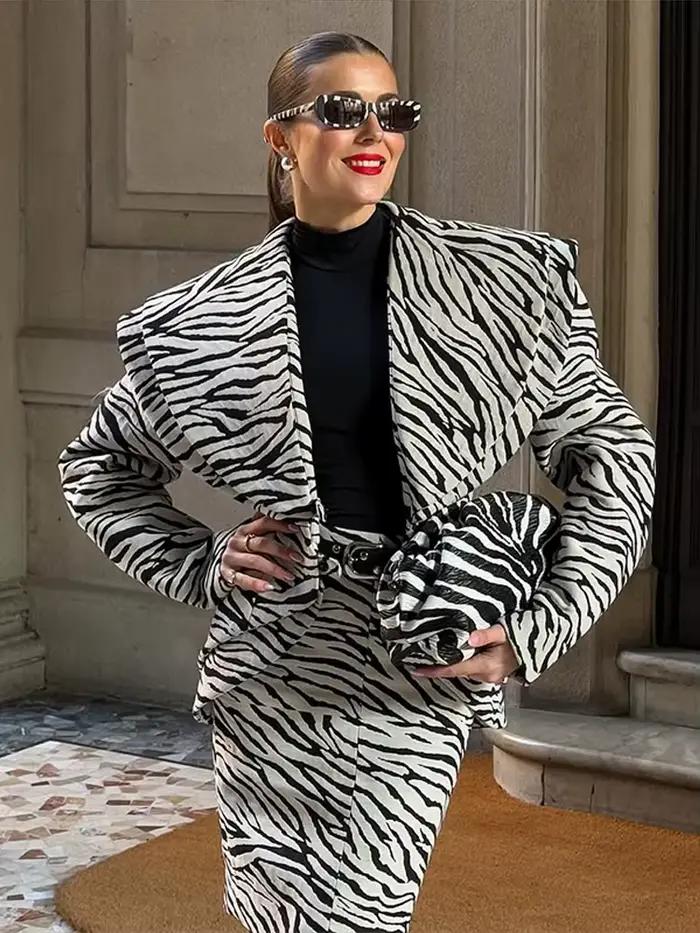 Mode zèbre imprimé profond-V veste jupe ensemble femmes revers complet Seeve cintré taille manteau mince