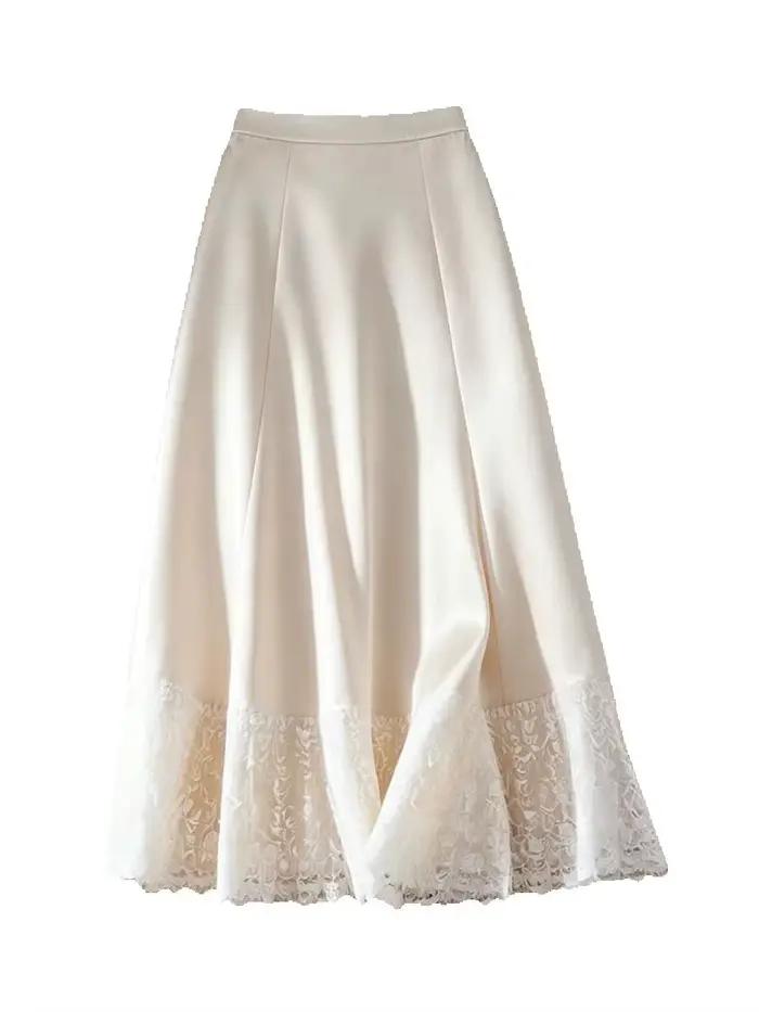 Jupe longue évasée mi-longue taille haute en satin lisse avec ourlet en dentelle florale