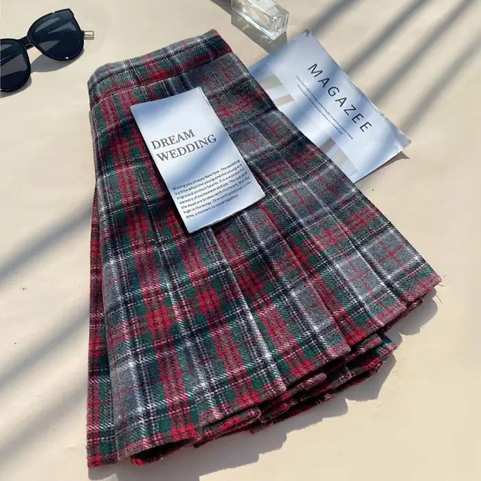 Jupe plissée en mélange de laine à carreaux pour femmes automne hiver taille haute