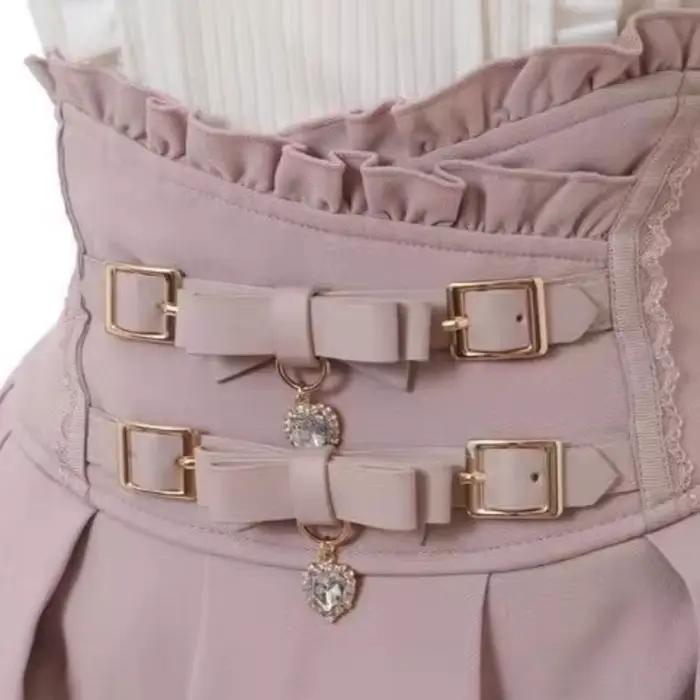Jirai Kei Sweet Lolita Skort 2024 été-Double nœud papillon taille haute jupe courte avec boucle en cuir coupe ajustée