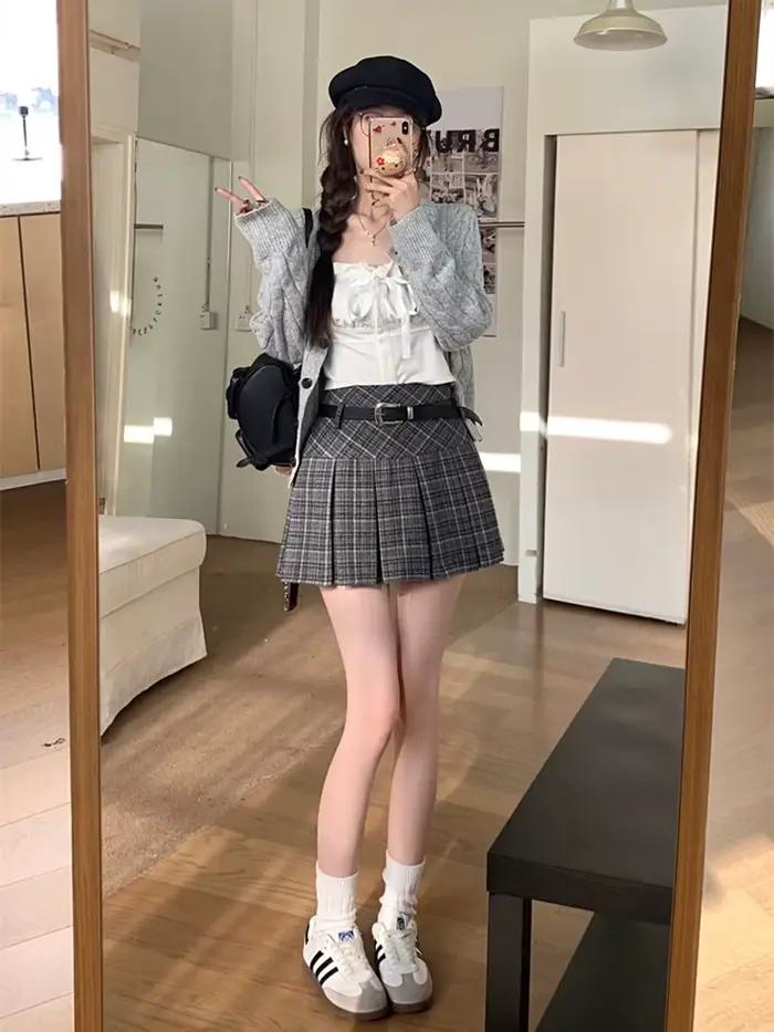 Style coréen hiver laine Kawaii Mini jupes femmes mode Y2K Streetwear Tartan plissé jupe à carreaux taille haute a-ligne