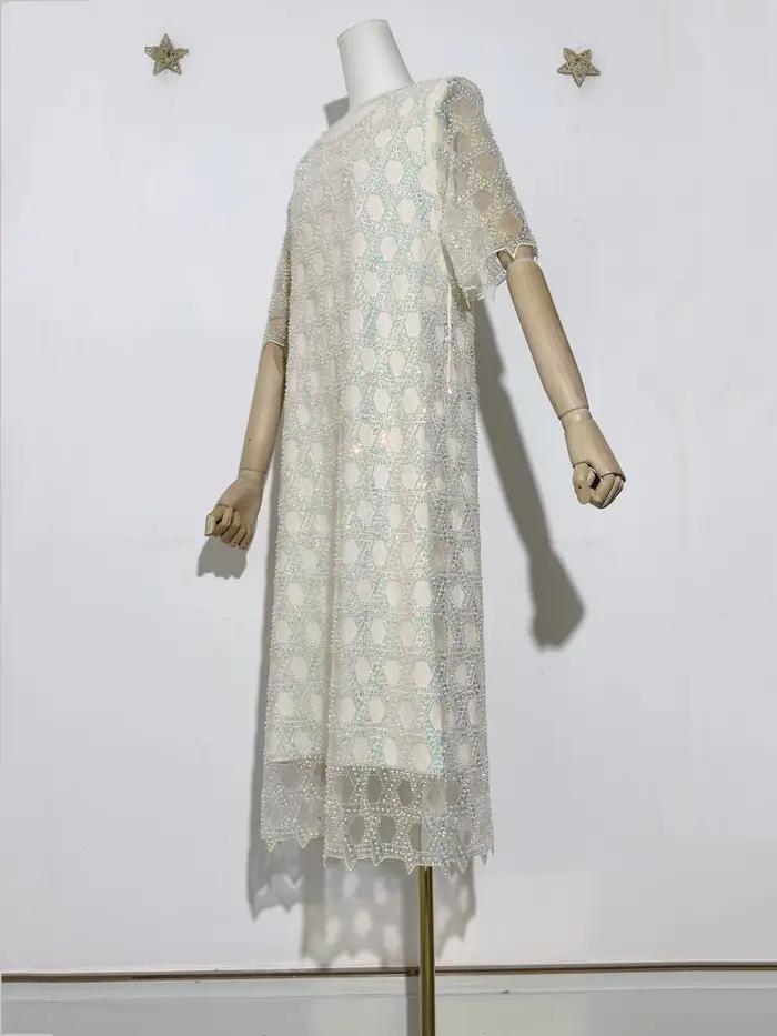 Glamour irisé femmes nouvelle paillettes perle perlée motif géométrique scintillant embelli col rond manches courtes maille robe mi-longue