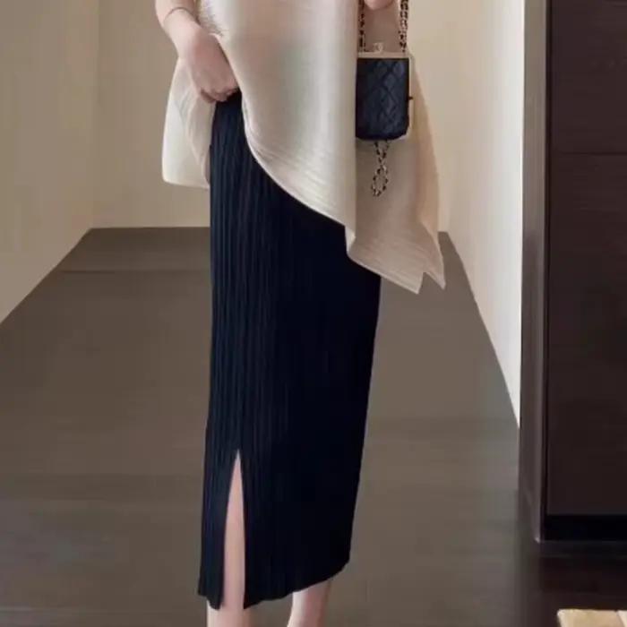 Haut plissé monochrome avec ourlet alertes onal, demi-jupe ronde, grande taille, vêtements d'été confortables, mode tempérament, nouveau, 2024