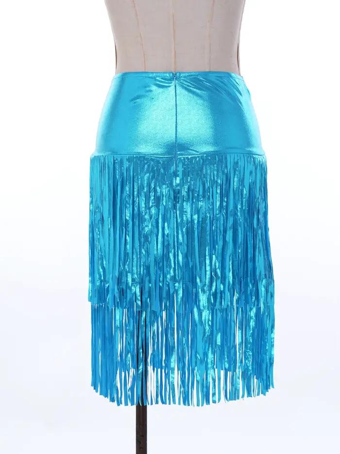 Jupe midi métallique brillante à franges pour femme, taille haute, moulante, style crayon, idéale pour la danse lyrique, le hip-hop et la danse disco