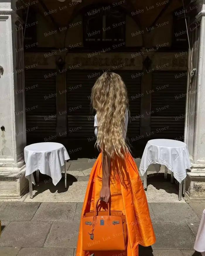 Décontracté Orange Satin jupe Midi cheville longueur femmes jupes sur mesure