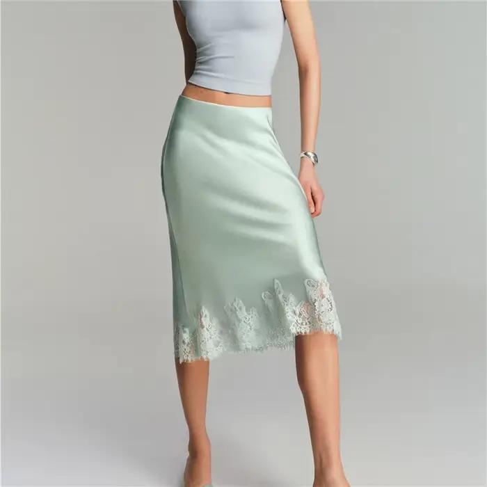 Hirigin femmes soie Satin demi Slip jupes longues dentelle Patchwork taille élastique jupe longue élégante soyeuse