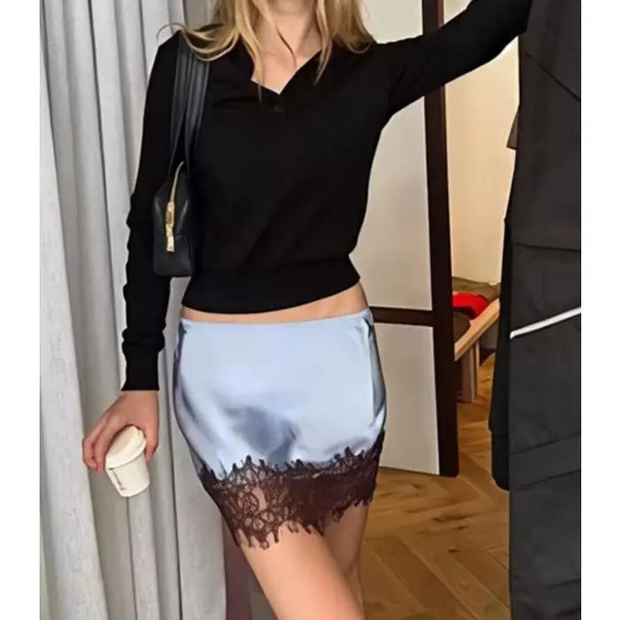 Mini-jupe sexy en dentelle patchwork pour femme, élégante, droite, élastique, décontractée, ajustée, mode streetwear