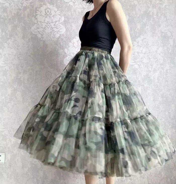 Jupe longue camouflage A-Line en tulle de style coréen vert armée avec ceinture élastique pour femmes multicolore et polyvalente midi maxi