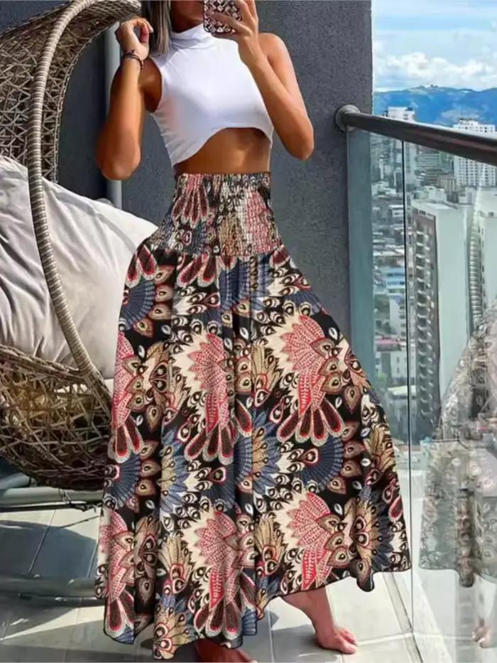 Femmes mode imprimé fleuri jupe décontracté taille haute jupes longues amples