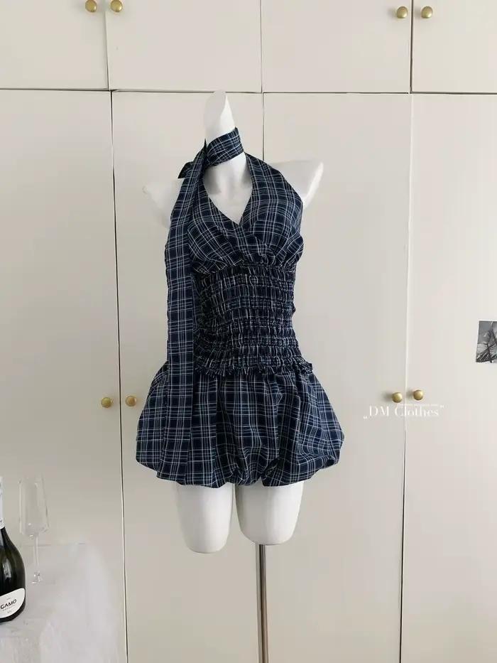 Rétro bleu marine haut à carreaux jupe courte costume femmes été Internet célébrité rue américaine douce fille chaude
