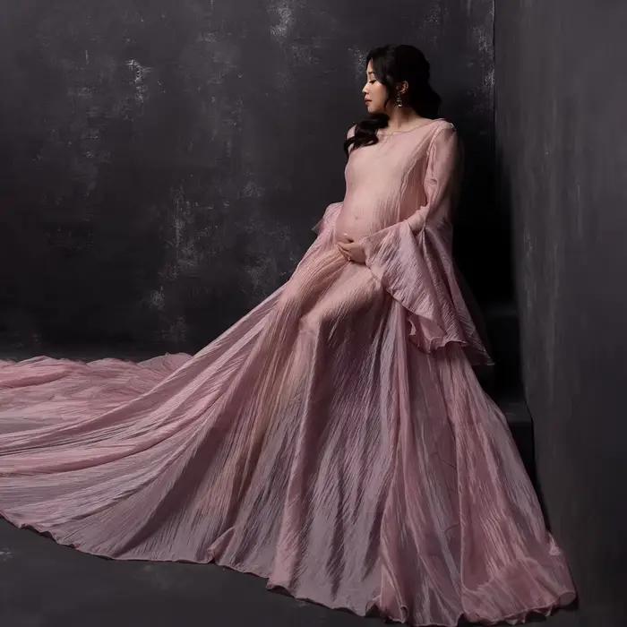 Robe en Tulle doux à manches longues, Style Simple, vêtements pour femmes enceintes, longueur au sol, robe longue à queue, robes de séance Photo de maternité