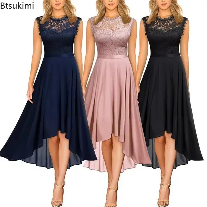 Robe d'été en dentelle pour femme 2026 avec ceinture à nœud, élégante, longueur irrégulière, sans manches, pour invitée, demoiselle d'honneur ou soirée cocktail