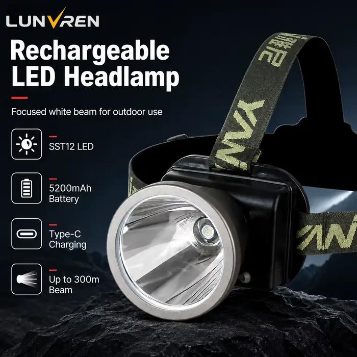 Lampe frontale YN726U à très longue portée, batterie puissante de 5200mAh, étanche, pour randonnée en plein air, Camping, chasse et prospection