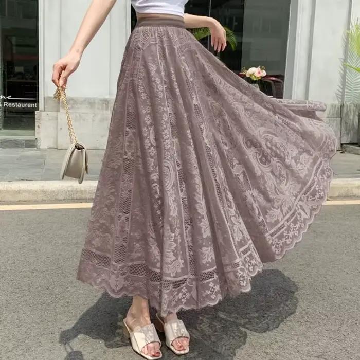 Jupes longues Maxi pour femmes printemps été coréen mignon Style princesse élastique taille haute a-ligne jupe en dentelle florale blanc noir