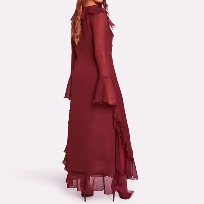 Robe d'automne pour femmes, manches longues, col en V, ourlet fendu, garniture en dentelle florale, mode élégante