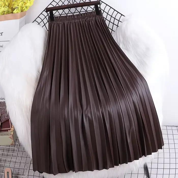 Jupe plissée mi-longue en cuir PU pour femmes, nouvelle collection automne/hiver 2021, taille haute coréenne, ligne a, cent plis