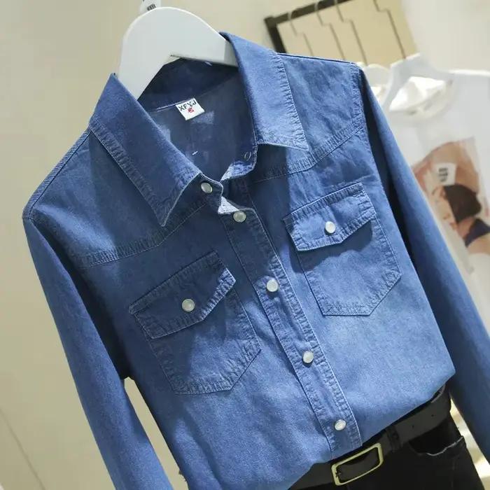 Chemise en jean lavé à manches longues en coton pour femme – Nouvelle collection printemps-automne – Haut polyvalent et ajusté – Vêtement décontracté fin style cowboy