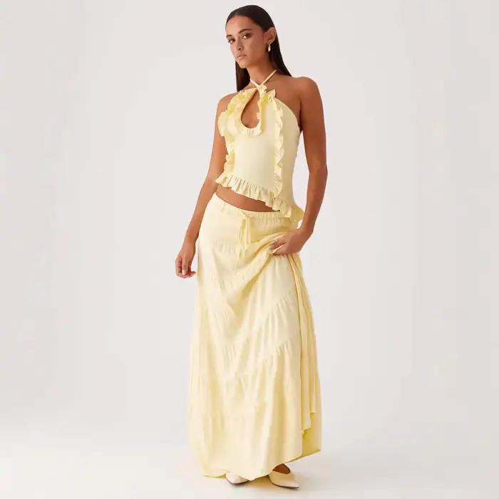 Jupe longue ample en coton pour femme avec ceinture