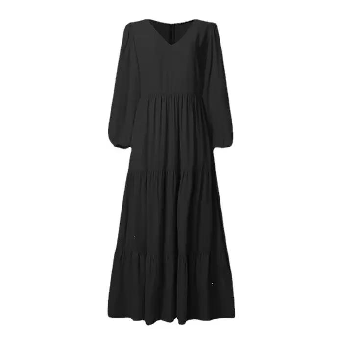 Robe midi élégante à manches longues style urbain pour femme, collection automne, en tissu polyester marron et noir, col rond, avec large ourlet