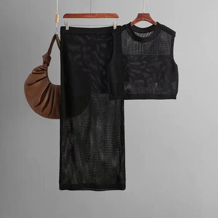 Jupe costume femmes tricot 2 pièces ensembles haut gilet jupes longues évider tricoté Ensemble